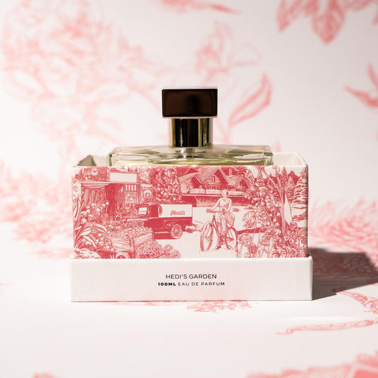 Hedi's Garden Perfume Bottle and Pack with Background